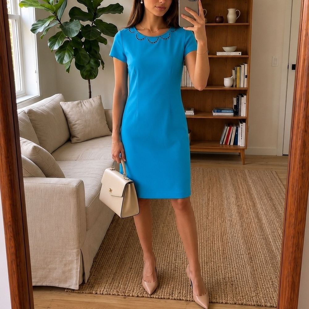Talbots Sheath Dress 8 Blue Short Sleeve Scallop Laser Cut Career Preppy Classic